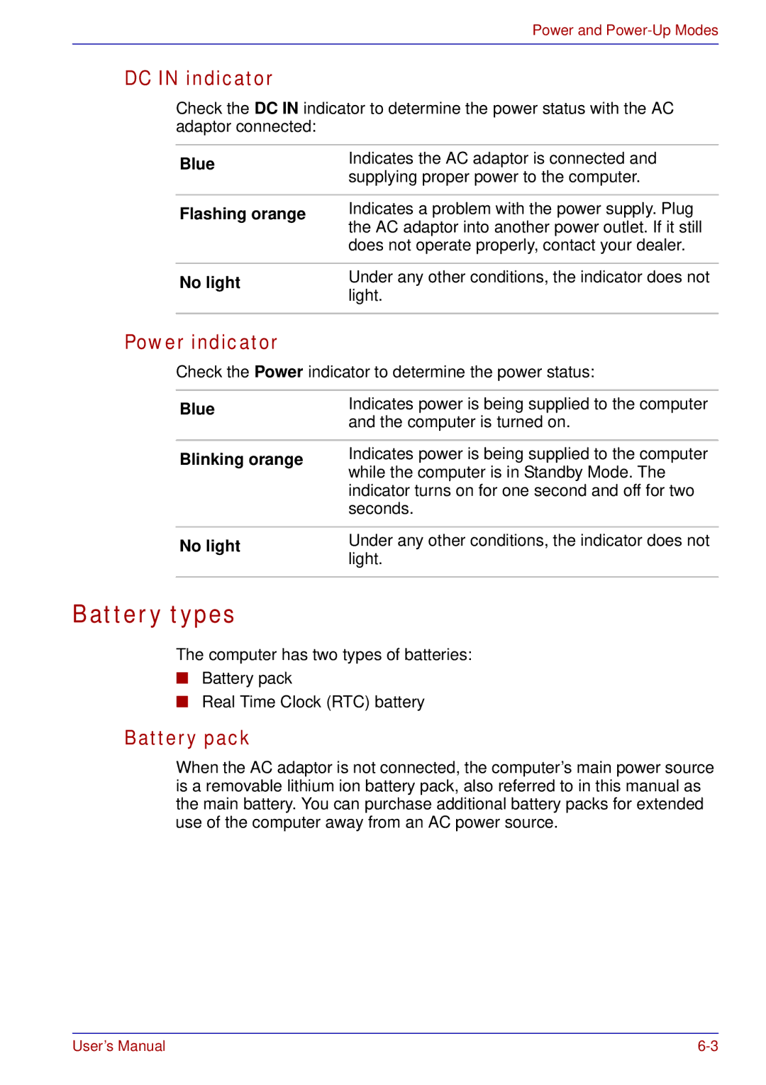 Toshiba U200 user manual Battery types, DC in indicator, Power indicator, Battery pack, Blinking orange 