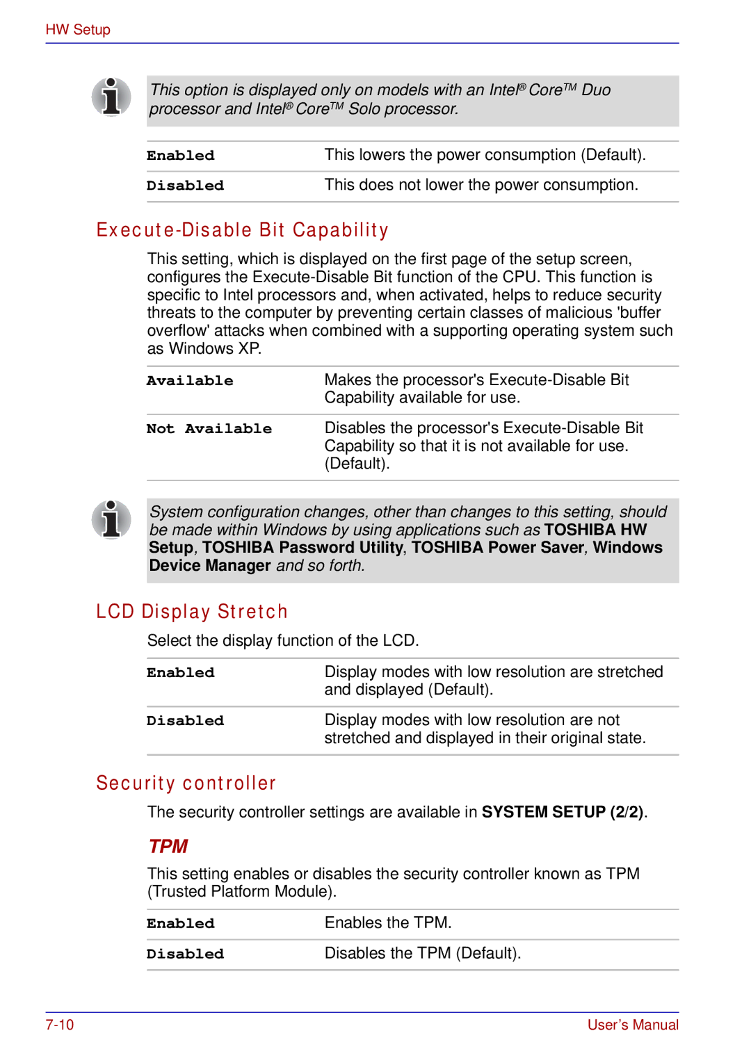 Toshiba U200 user manual Execute-Disable Bit Capability, LCD Display Stretch, Security controller 