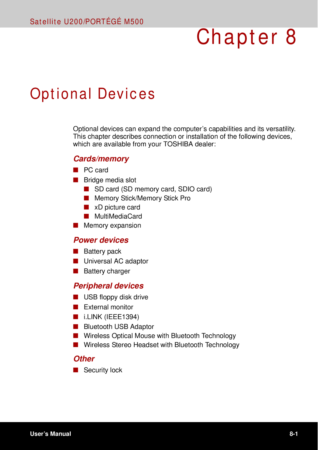 Toshiba U200 user manual Optional Devices, Cards/memory, Power devices, Peripheral devices, Other 