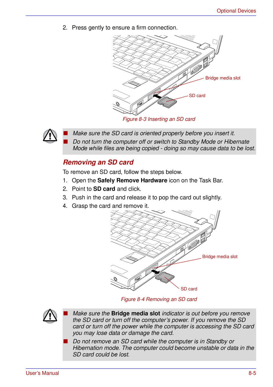 Toshiba U200 user manual Removing an SD card, Inserting an SD card 