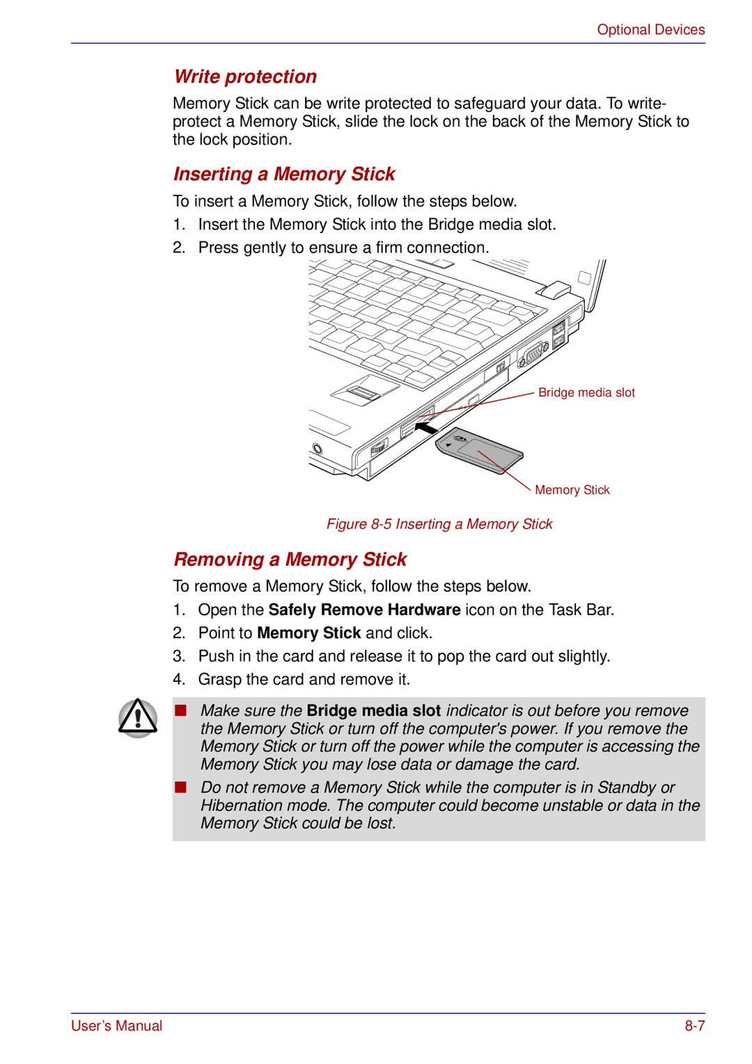 Toshiba U200 user manual Write protection, Inserting a Memory Stick, Removing a Memory Stick 