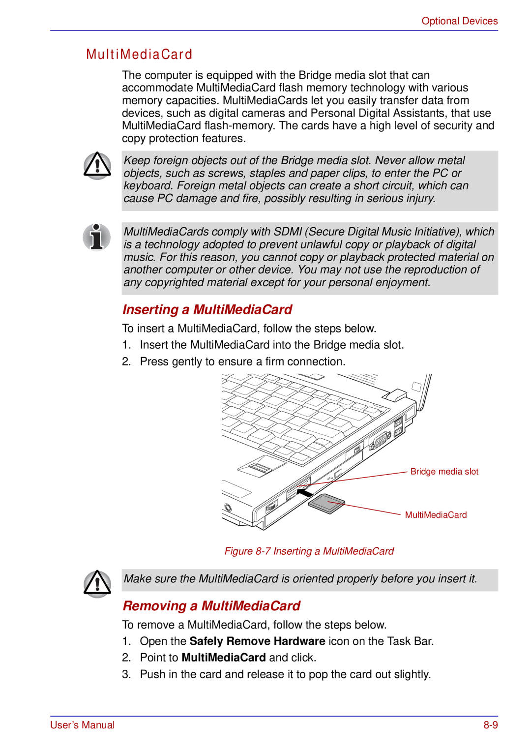 Toshiba U200 user manual Inserting a MultiMediaCard, Removing a MultiMediaCard 