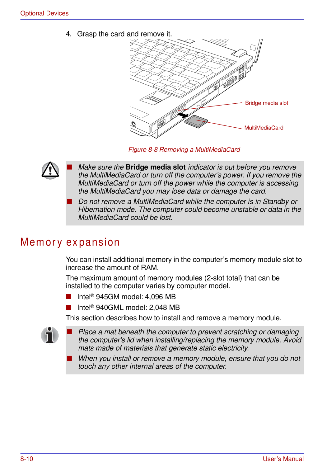 Toshiba U200 user manual Memory expansion, Removing a MultiMediaCard 