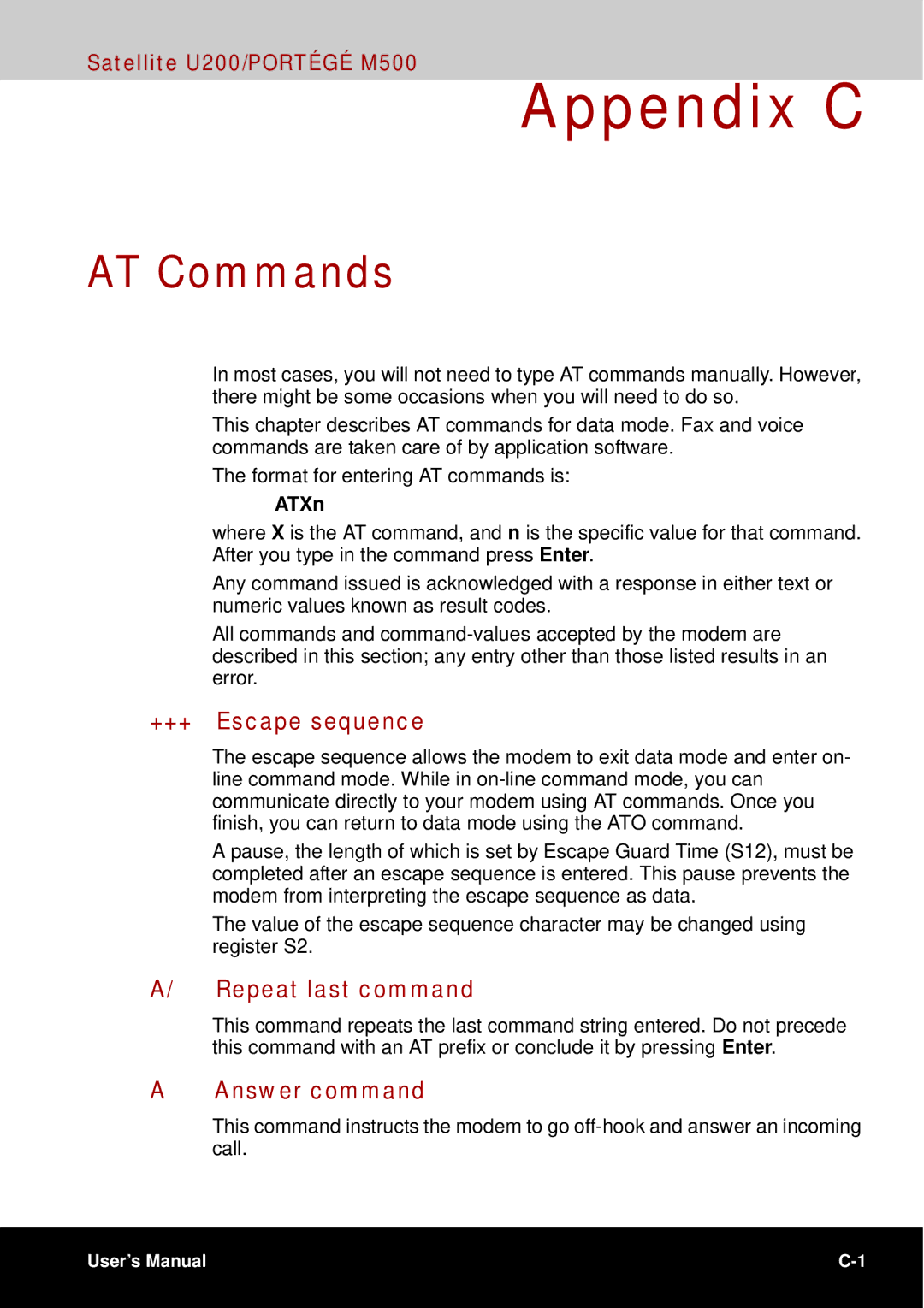 Toshiba U200 user manual AT Commands, +++ Escape sequence, Repeat last command, Answer command, ATXn 