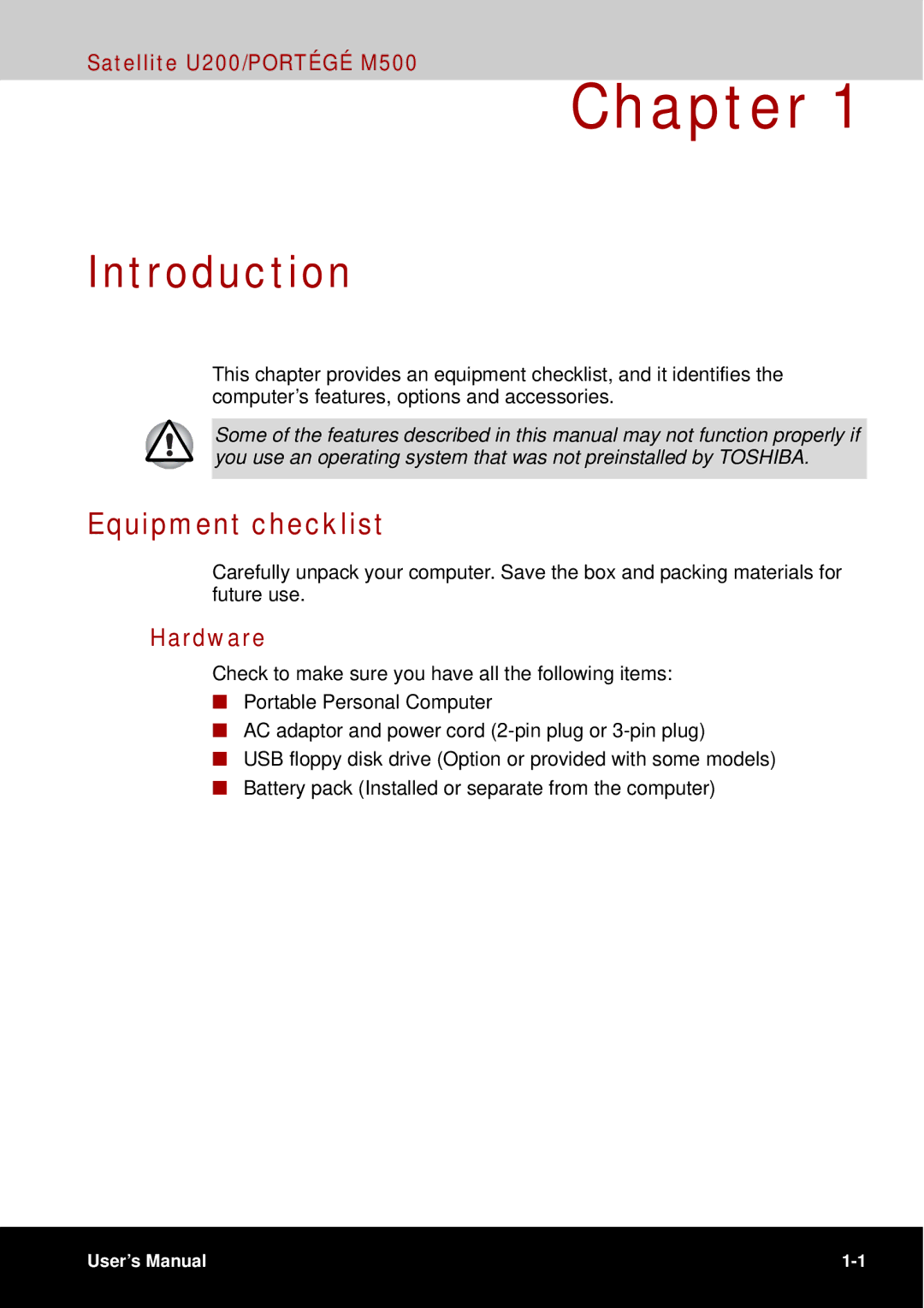 Toshiba U200 user manual Introduction, Equipment checklist, Hardware 