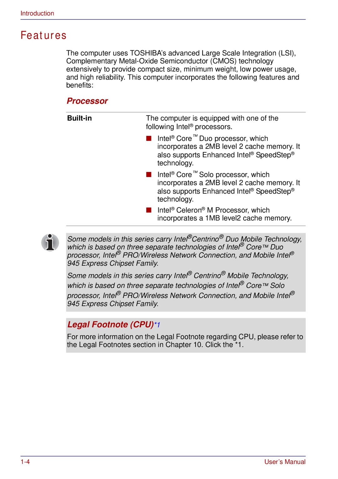 Toshiba U200 user manual Features, Processor, Legal Footnote CPU*1, Built-in 