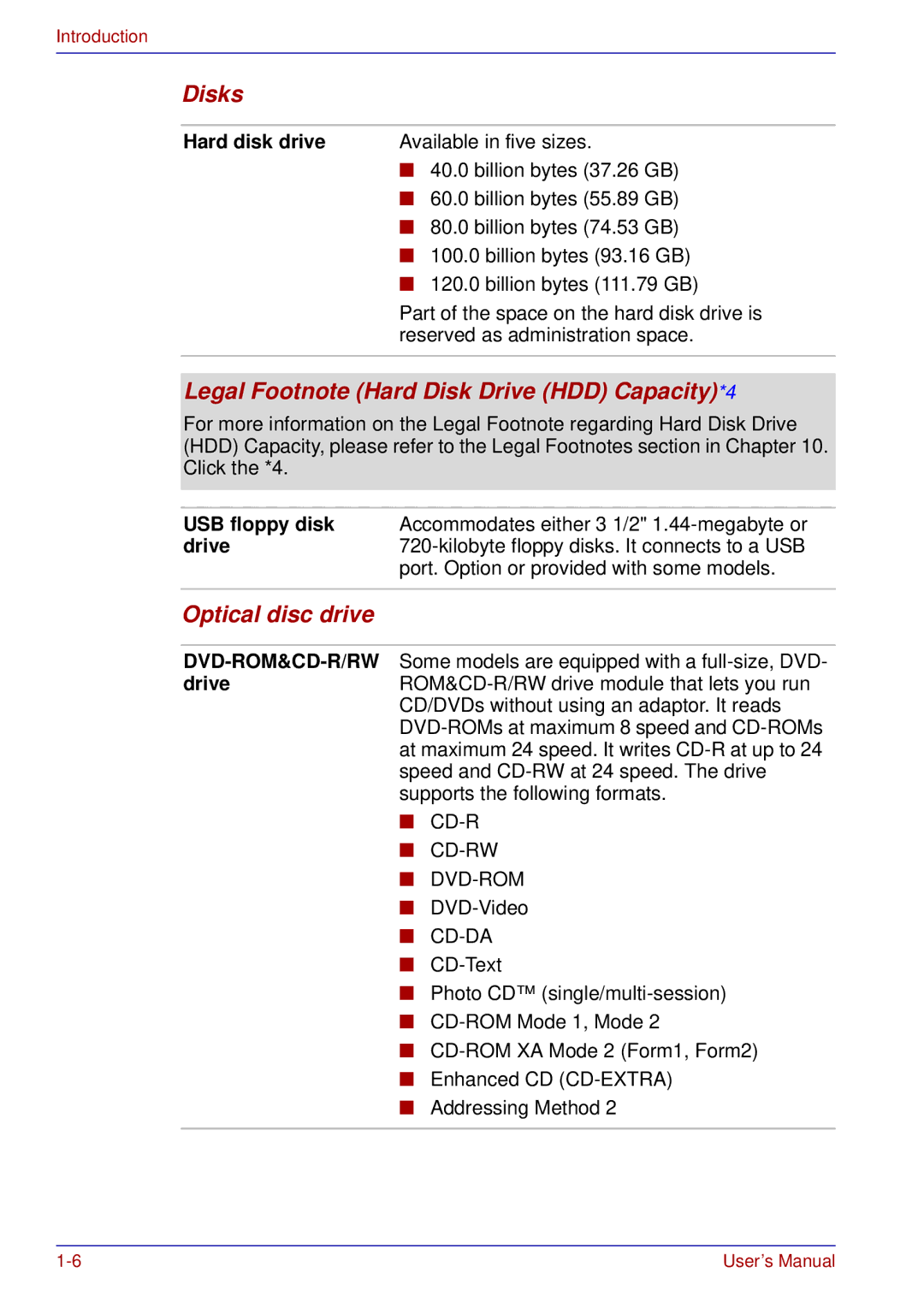 Toshiba U200 user manual Disks, Legal Footnote Hard Disk Drive HDD Capacity*4, Optical disc drive, Hard disk drive 