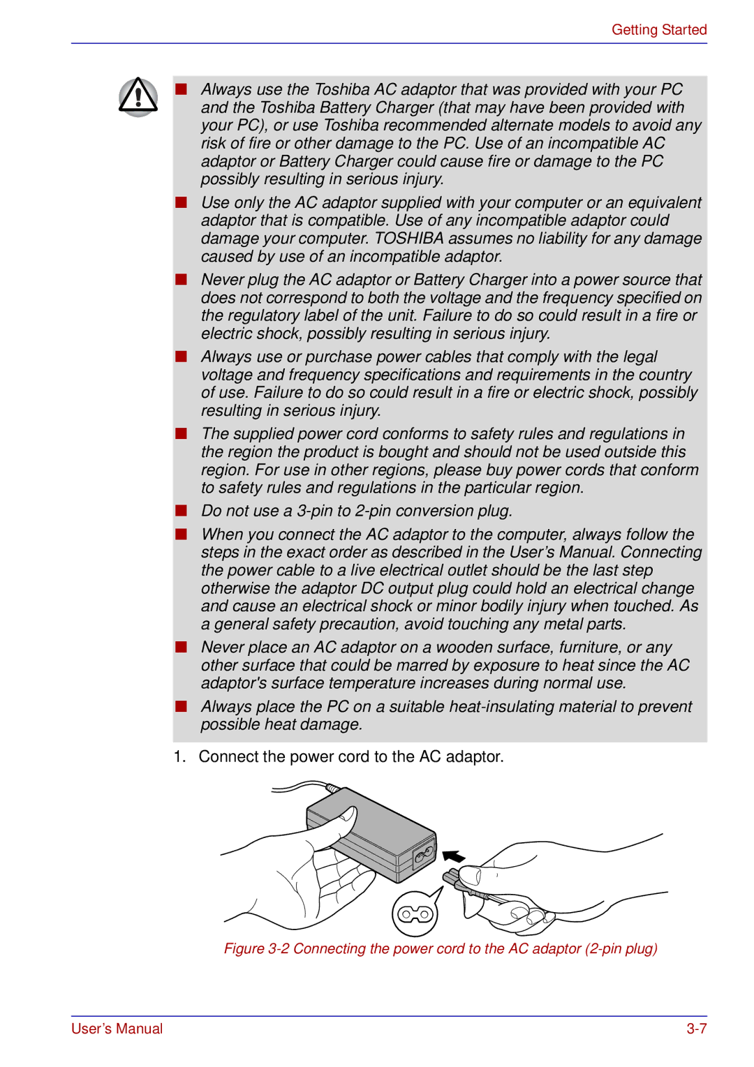 Toshiba U200 user manual Connect the power cord to the AC adaptor 