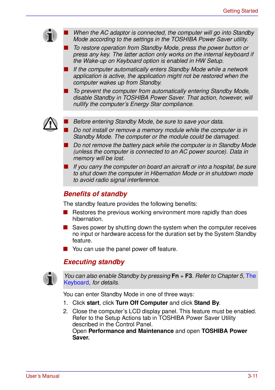 Toshiba U200 user manual Benefits of standby, Executing standby, Click start, click Turn Off Computer and click Stand By 