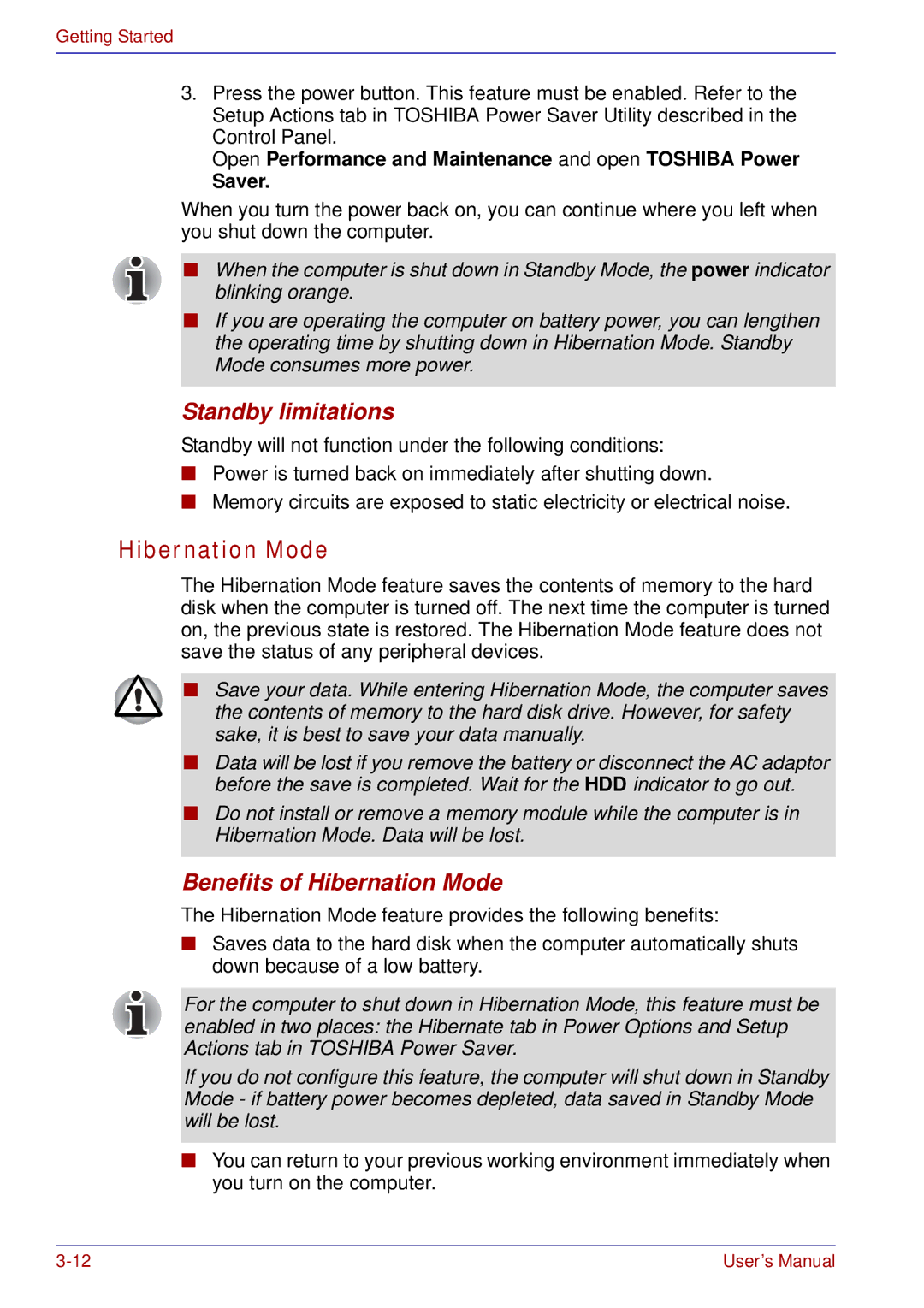 Toshiba U200 user manual Standby limitations, Benefits of Hibernation Mode 