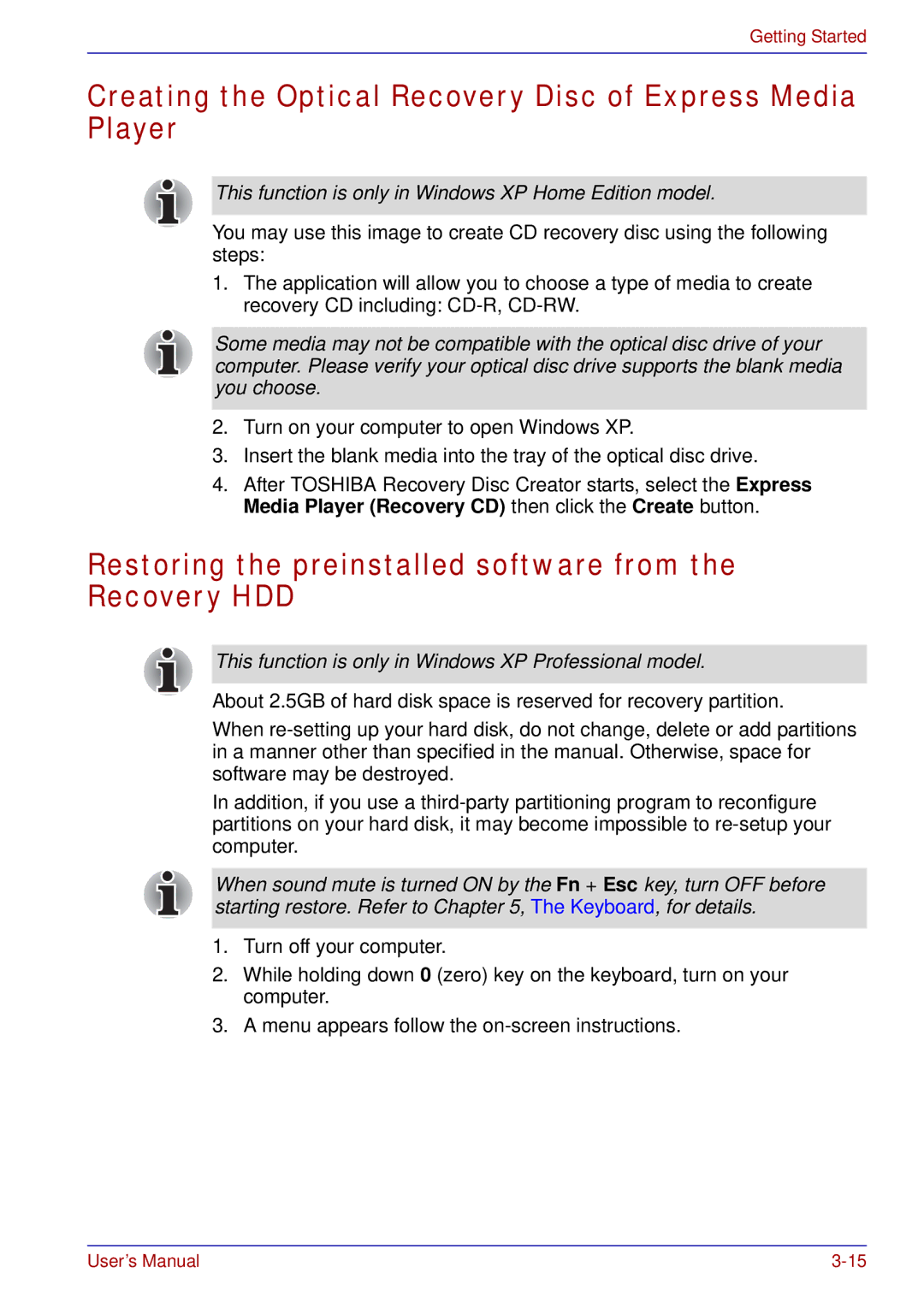 Toshiba U200 user manual Creating the Optical Recovery Disc of Express Media Player 