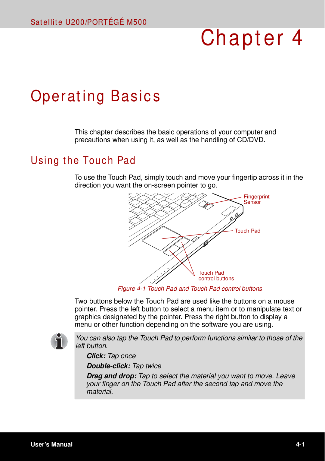 Toshiba U200 user manual Operating Basics, Using the Touch Pad 