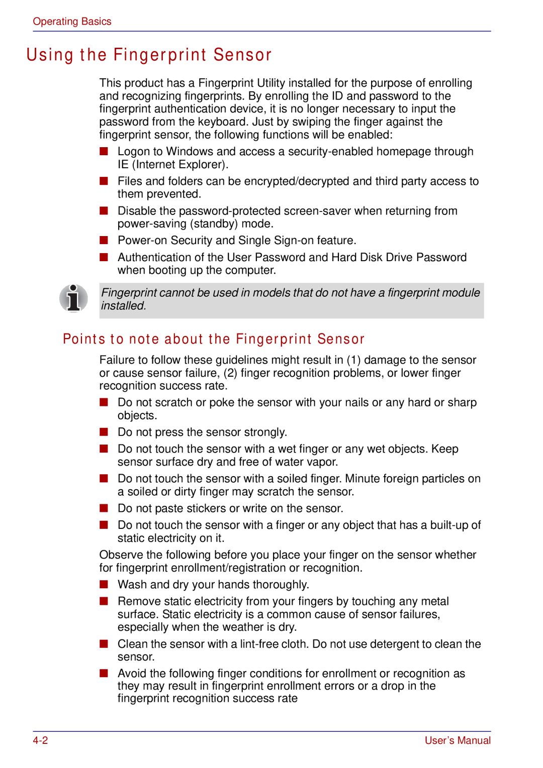 Toshiba U200 user manual Using the Fingerprint Sensor, Points to note about the Fingerprint Sensor 