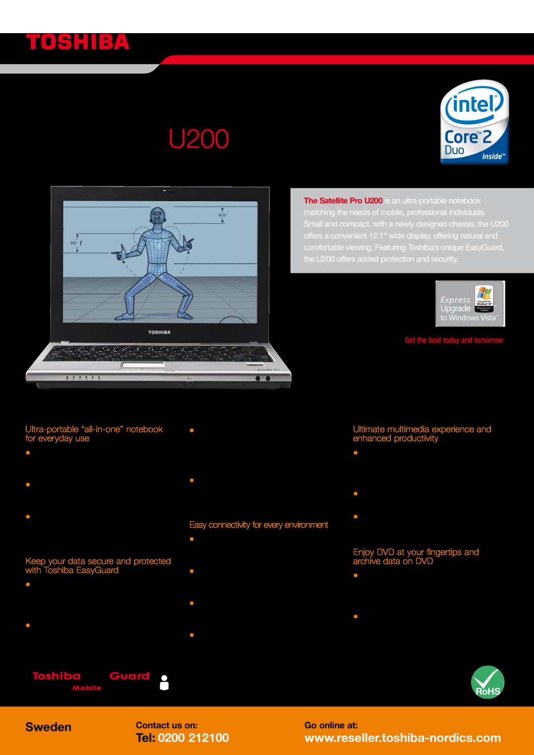 Toshiba U200 manual Sweden, Tel 0200, Toshiba recommends Genuine Windows XP Professional, Contact us on, Go online at 