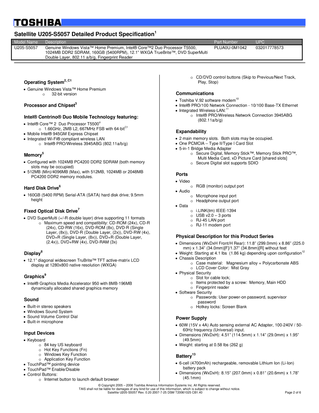 Toshiba U205-S5057 dimensions Operating System2, C1, Memory5, Hard Disk Drive6, Fixed Optical Disk Drive7, Display8, Sound 