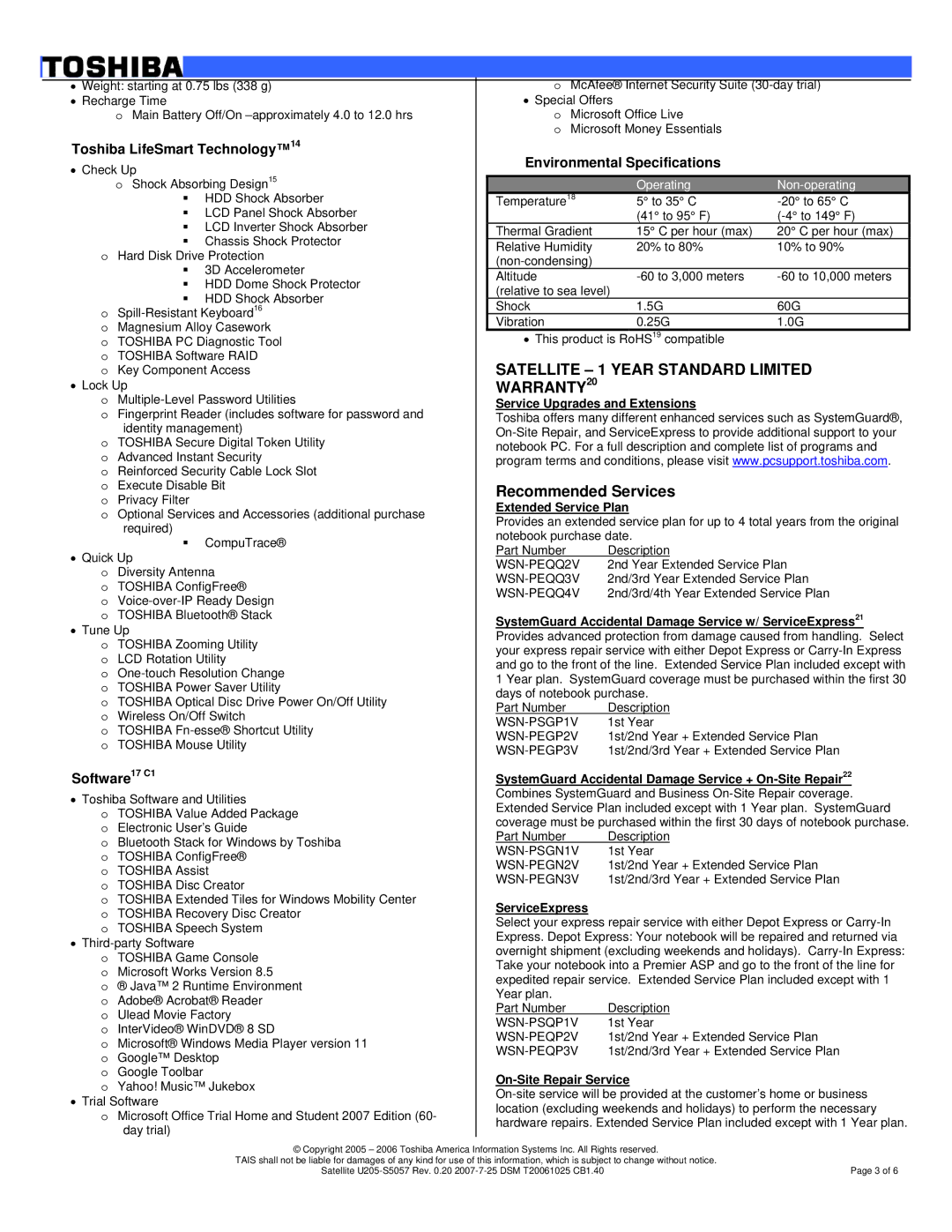 Toshiba U205-S5057 Recommended Services, Toshiba LifeSmart Technology14, Software17 C1, Environmental Specifications 