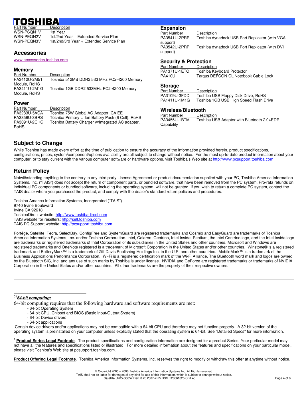 Toshiba U205-S5057 dimensions Memory, Power, Expansion, Security & Protection, Storage, Wireless/Bluetooth 