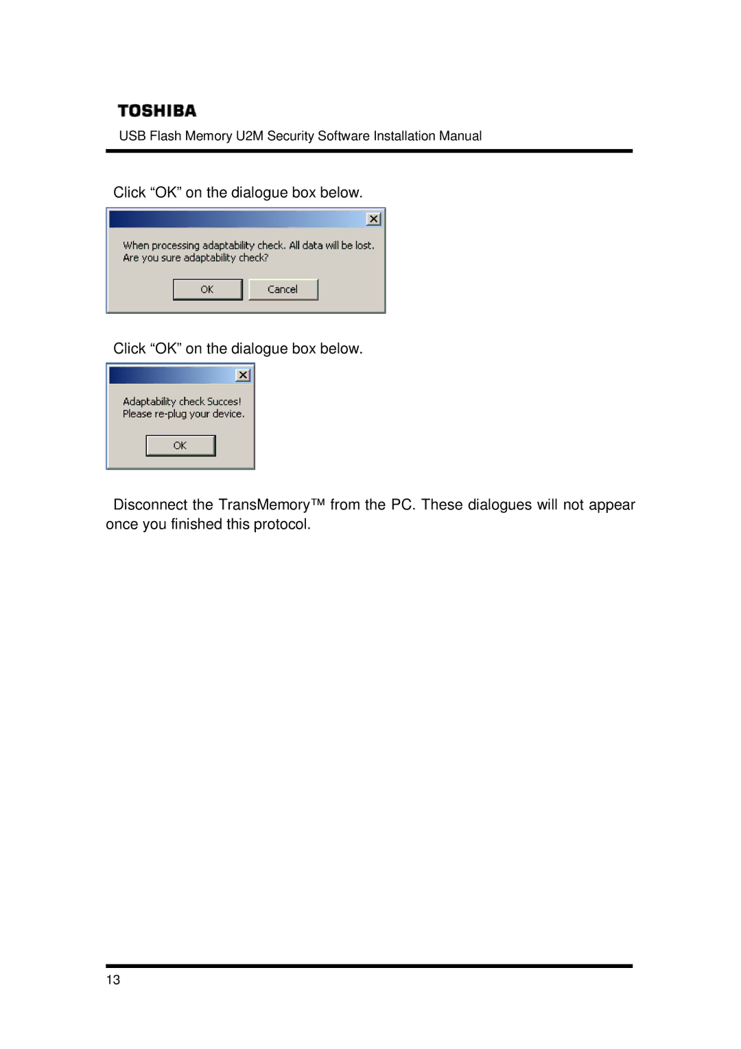 Toshiba U2M-004GT, U2M-016GT, U2M-008GT installation manual USB Flash Memory U2M Security Software Installation Manual 