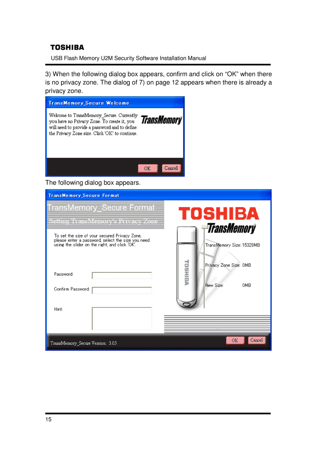 Toshiba U2M-016GT, U2M-004GT, U2M-008GT installation manual USB Flash Memory U2M Security Software Installation Manual 