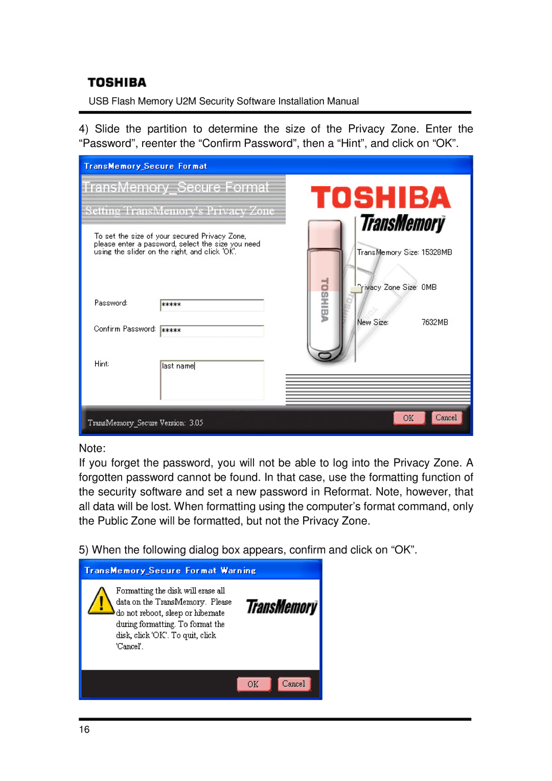 Toshiba U2M-004GT, U2M-016GT, U2M-008GT installation manual USB Flash Memory U2M Security Software Installation Manual 