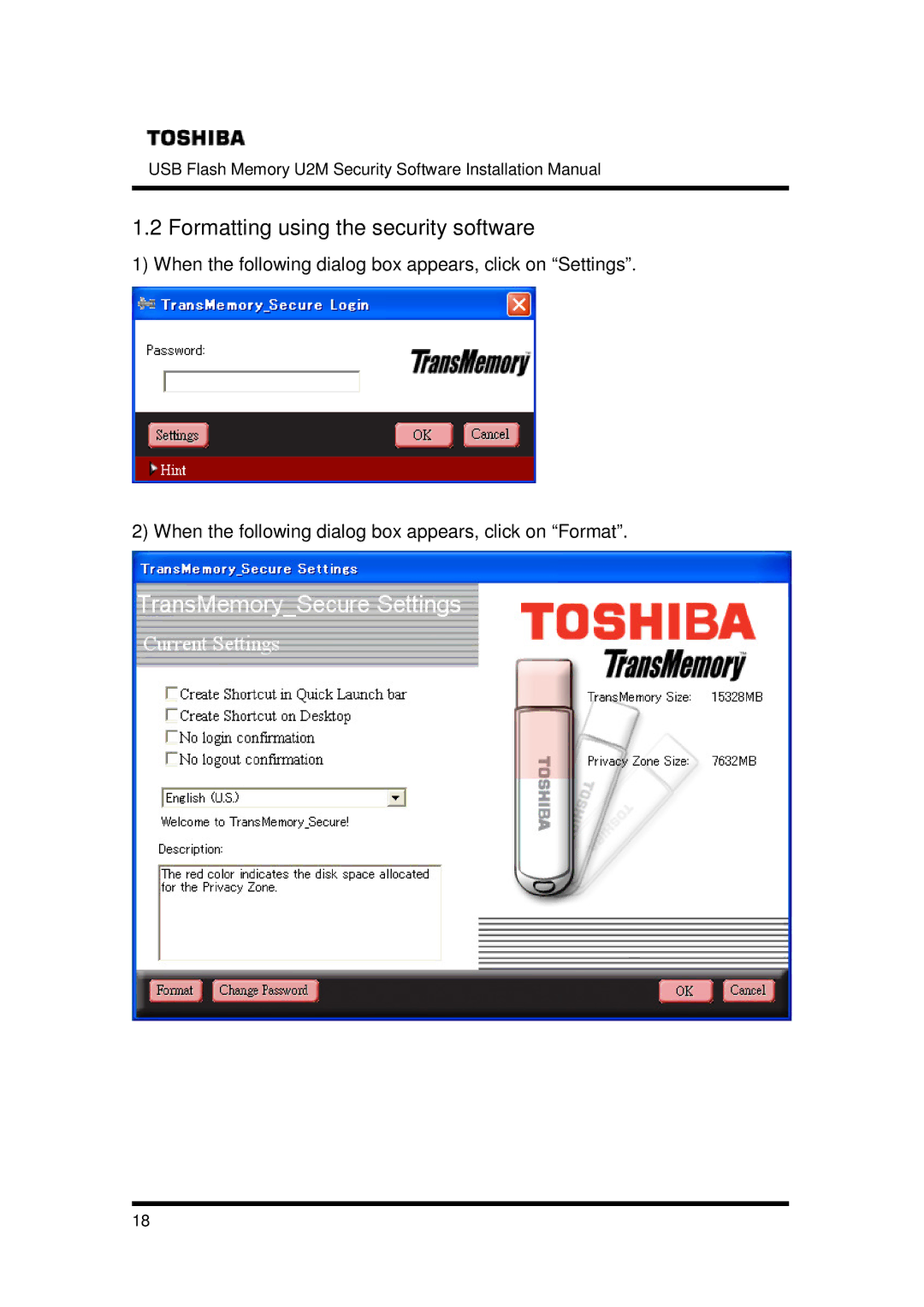 Toshiba U2M-016GT, U2M-004GT, U2M-008GT installation manual Formatting using the security software 