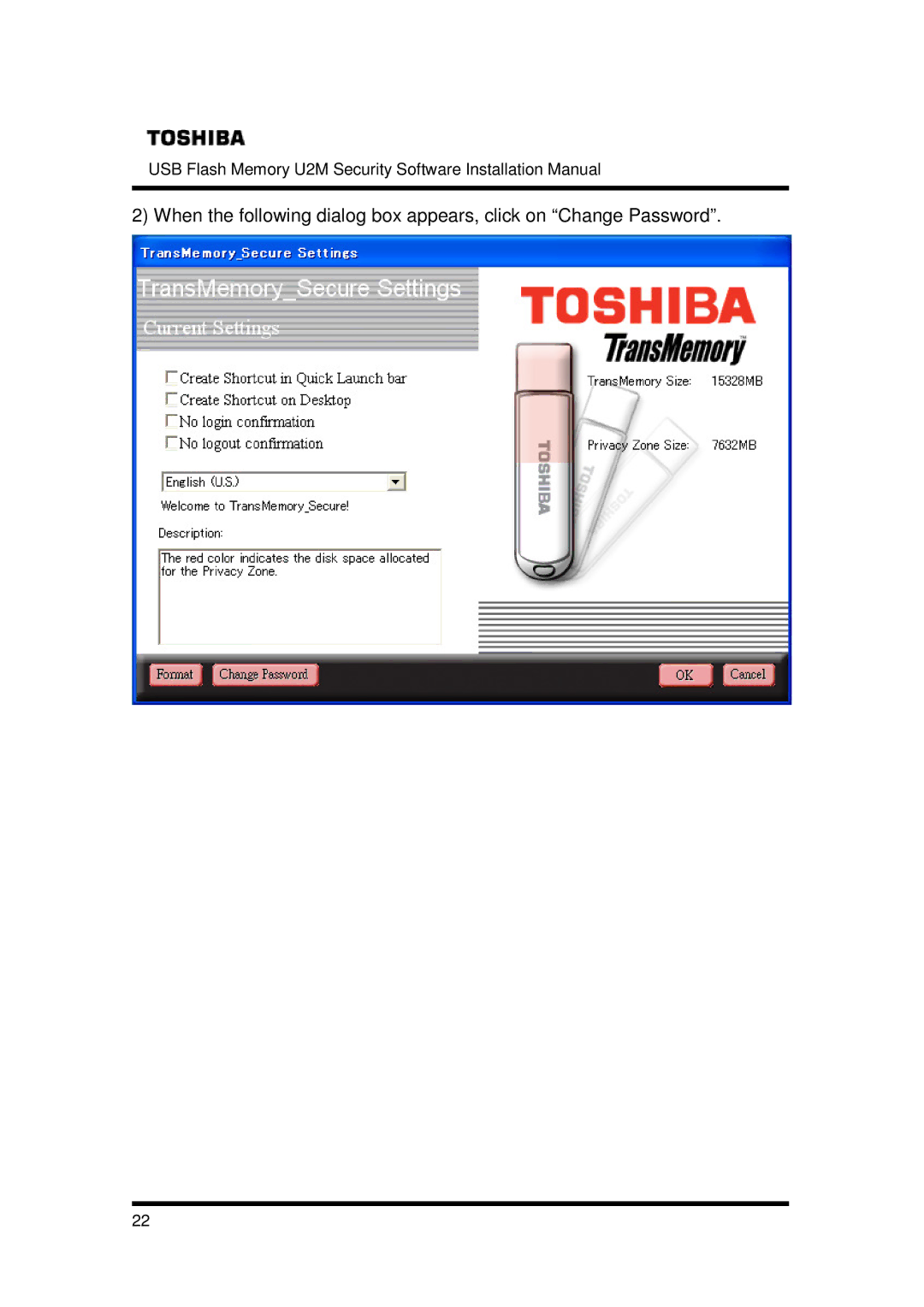 Toshiba U2M-004GT, U2M-016GT, U2M-008GT installation manual USB Flash Memory U2M Security Software Installation Manual 