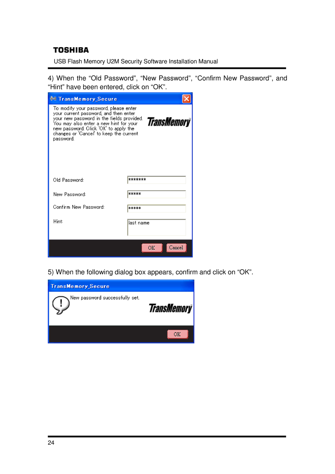 Toshiba U2M-016GT, U2M-004GT, U2M-008GT installation manual USB Flash Memory U2M Security Software Installation Manual 