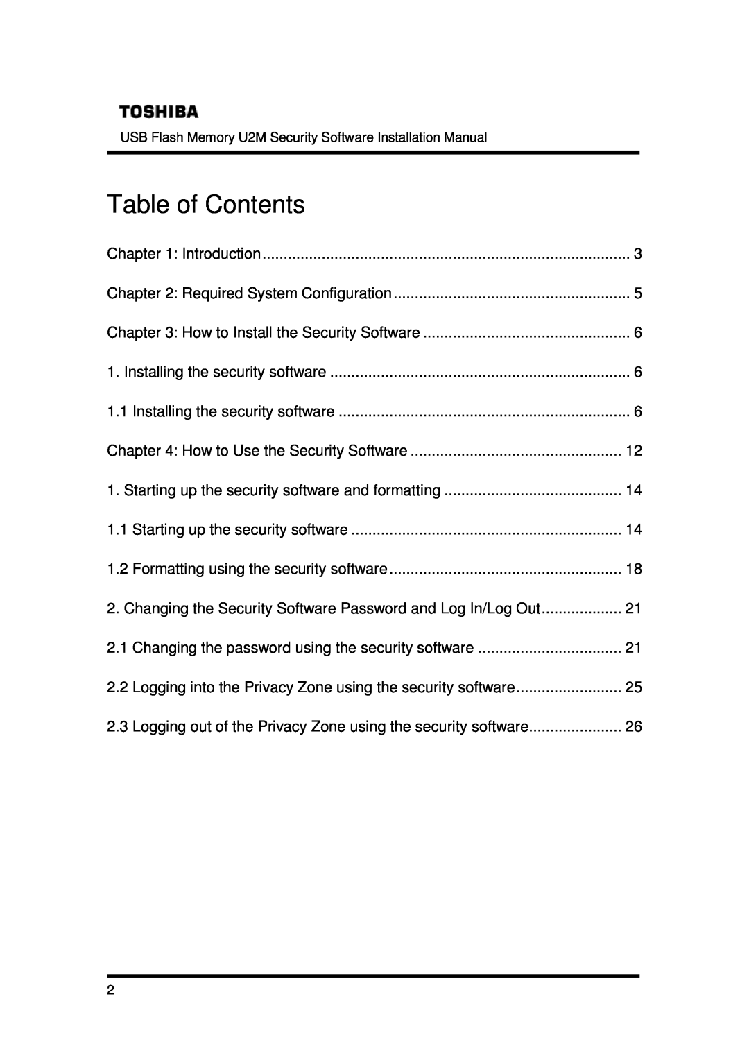 Toshiba U2M-008GT, U2M-016GT, U2M-004GT installation manual Table of Contents 