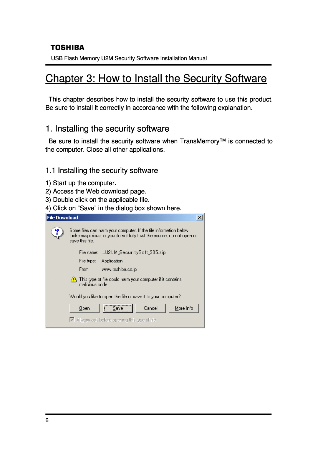 Toshiba U2M-016GT, U2M-004GT, U2M-008GT How to Install the Security Software, Installing the security software 