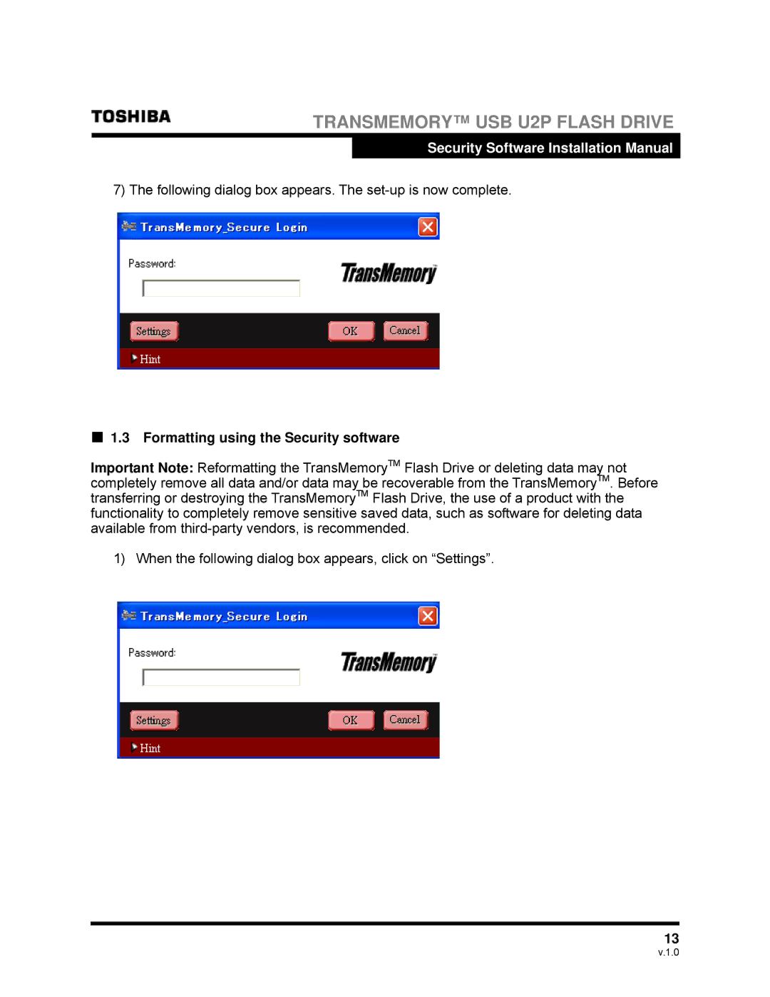 Toshiba U2P manual Formatting using the Security software 