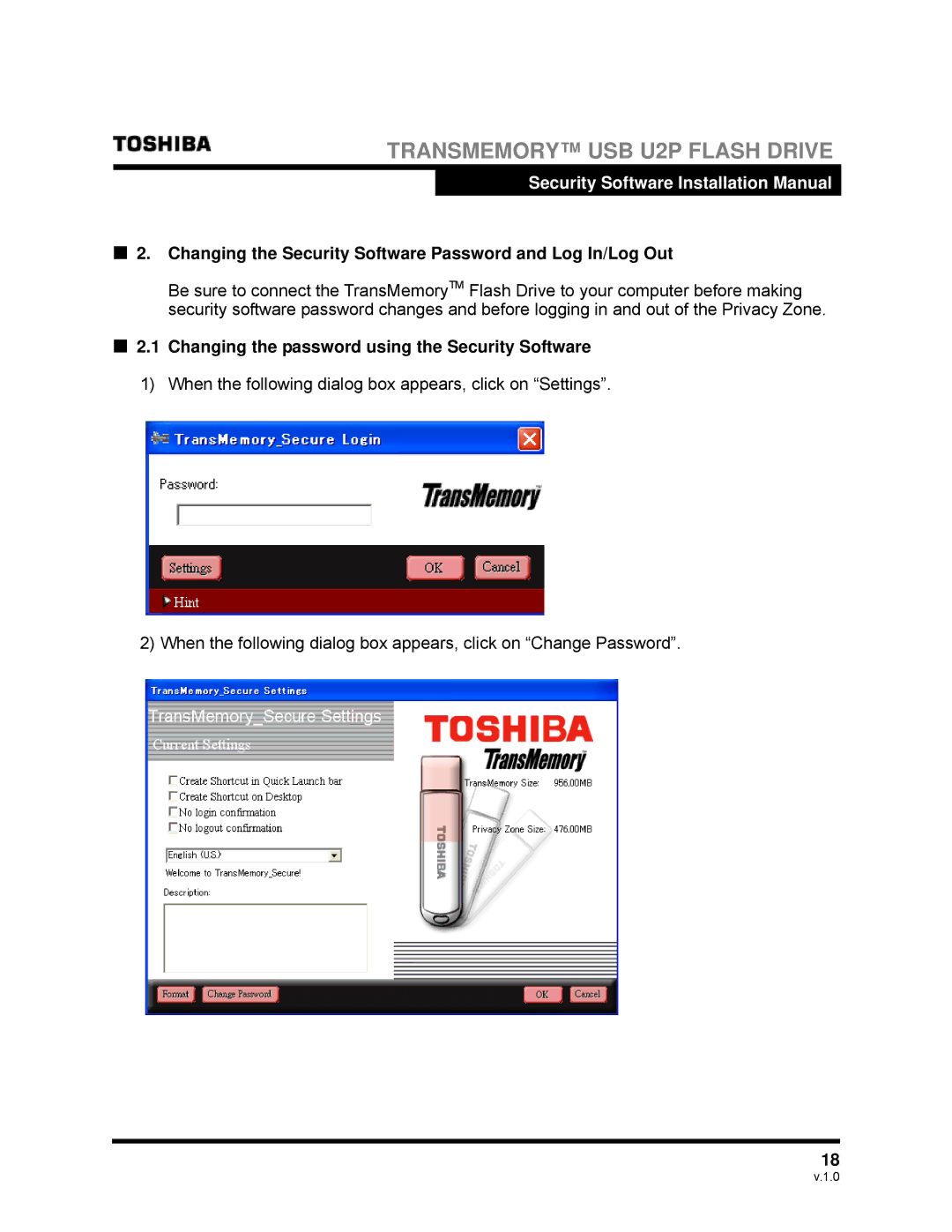 Toshiba U2P Changing the Security Software Password and Log In/Log Out, Changing the password using the Security Software 