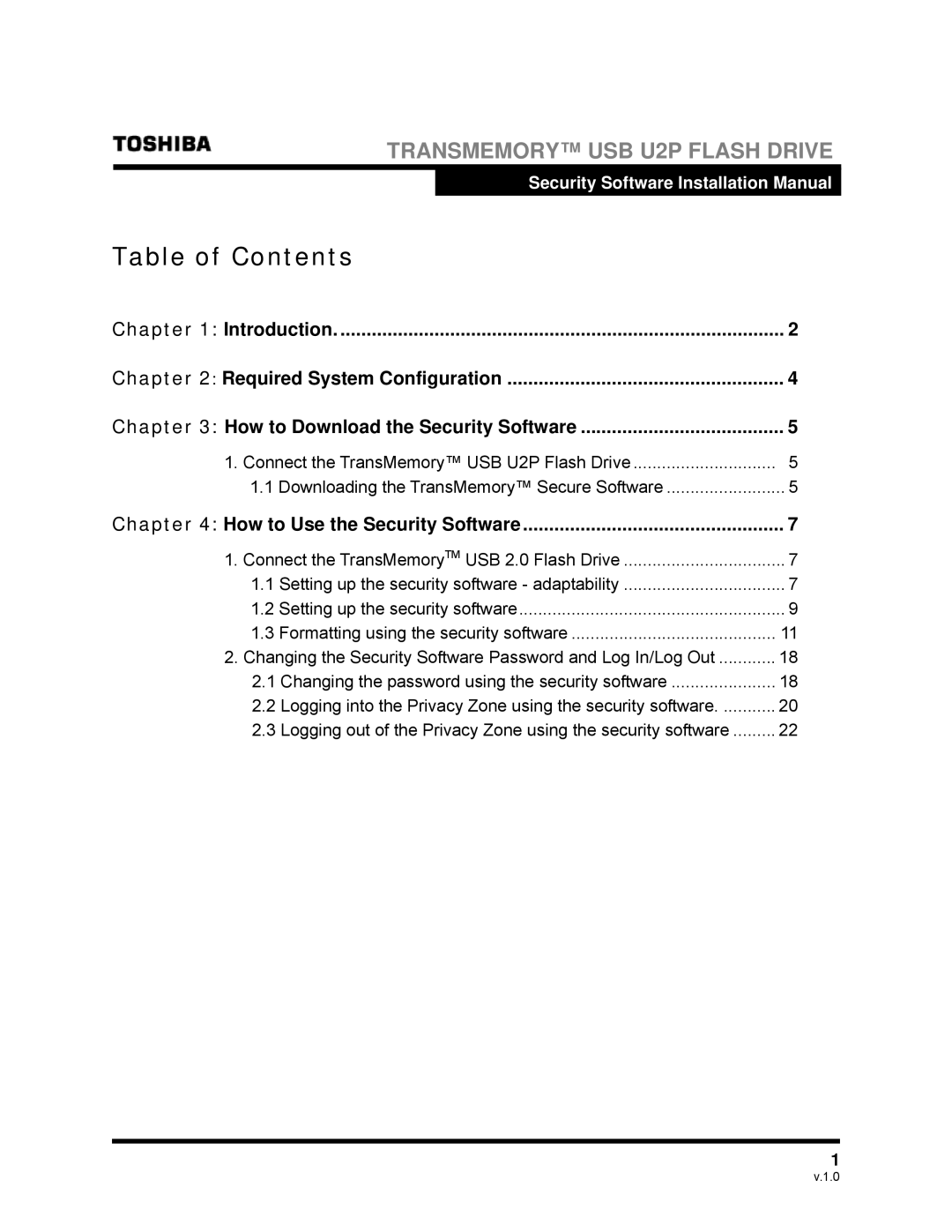 Toshiba U2P manual Table of Contents 