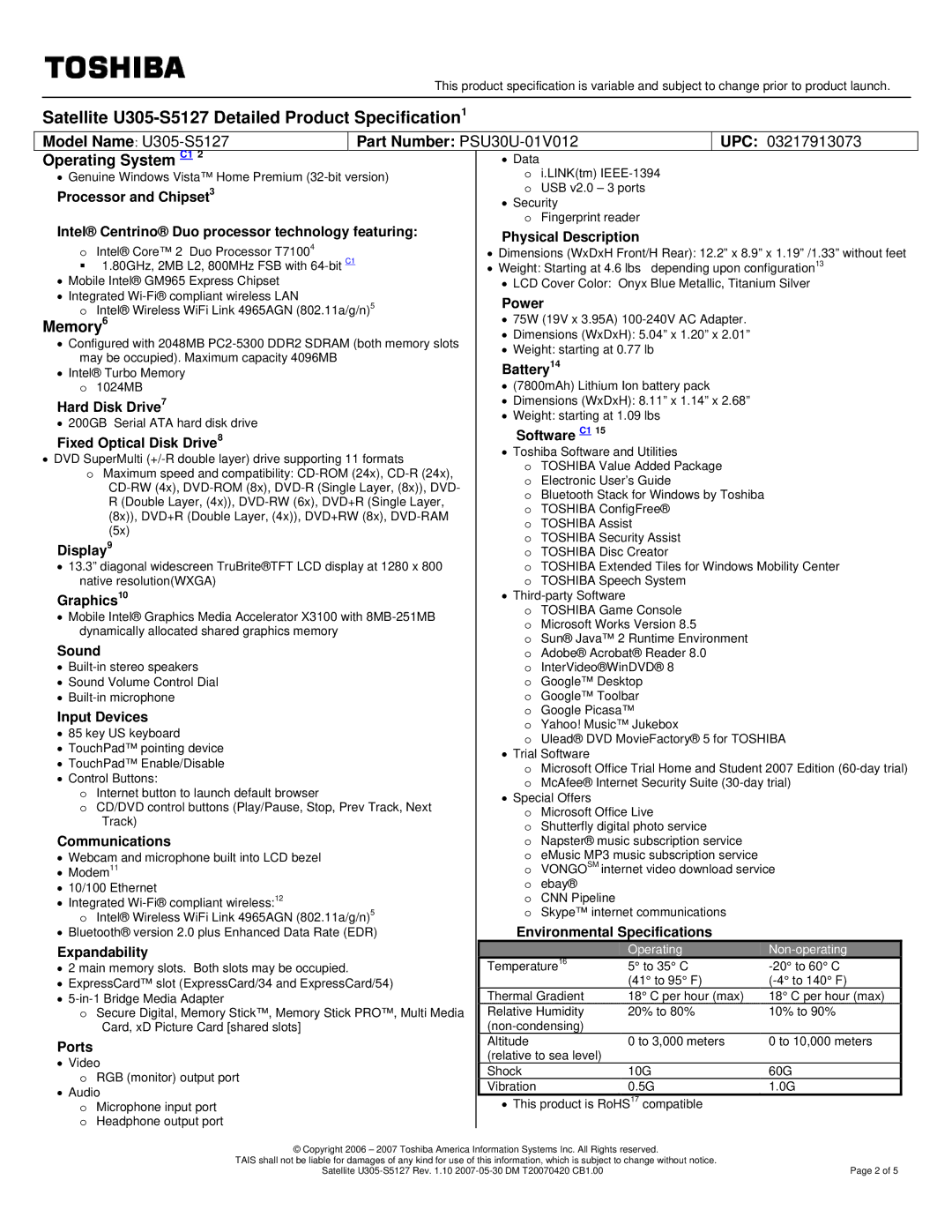 Toshiba specifications Satellite U305-S5127 Detailed Product Specification1, Operating System C1, Memory6 