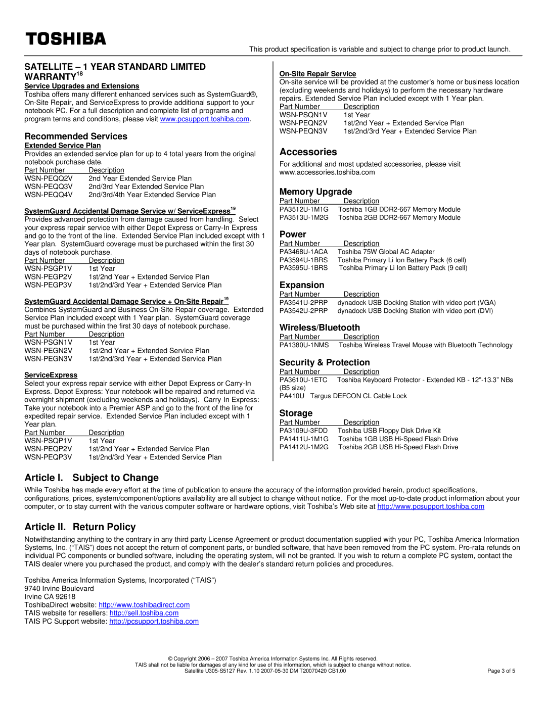 Toshiba U305-S5127 specifications Accessories, Article I. Subject to Change Article II. Return Policy 