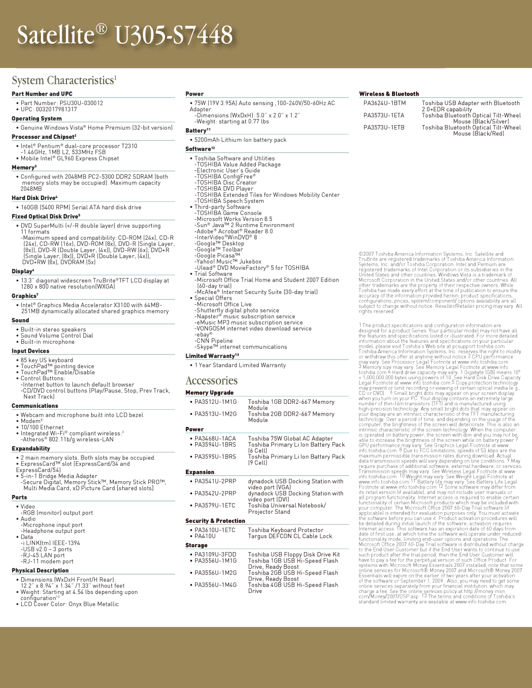 Toshiba U305-S7448 manual System Characteristics1, Accessories 