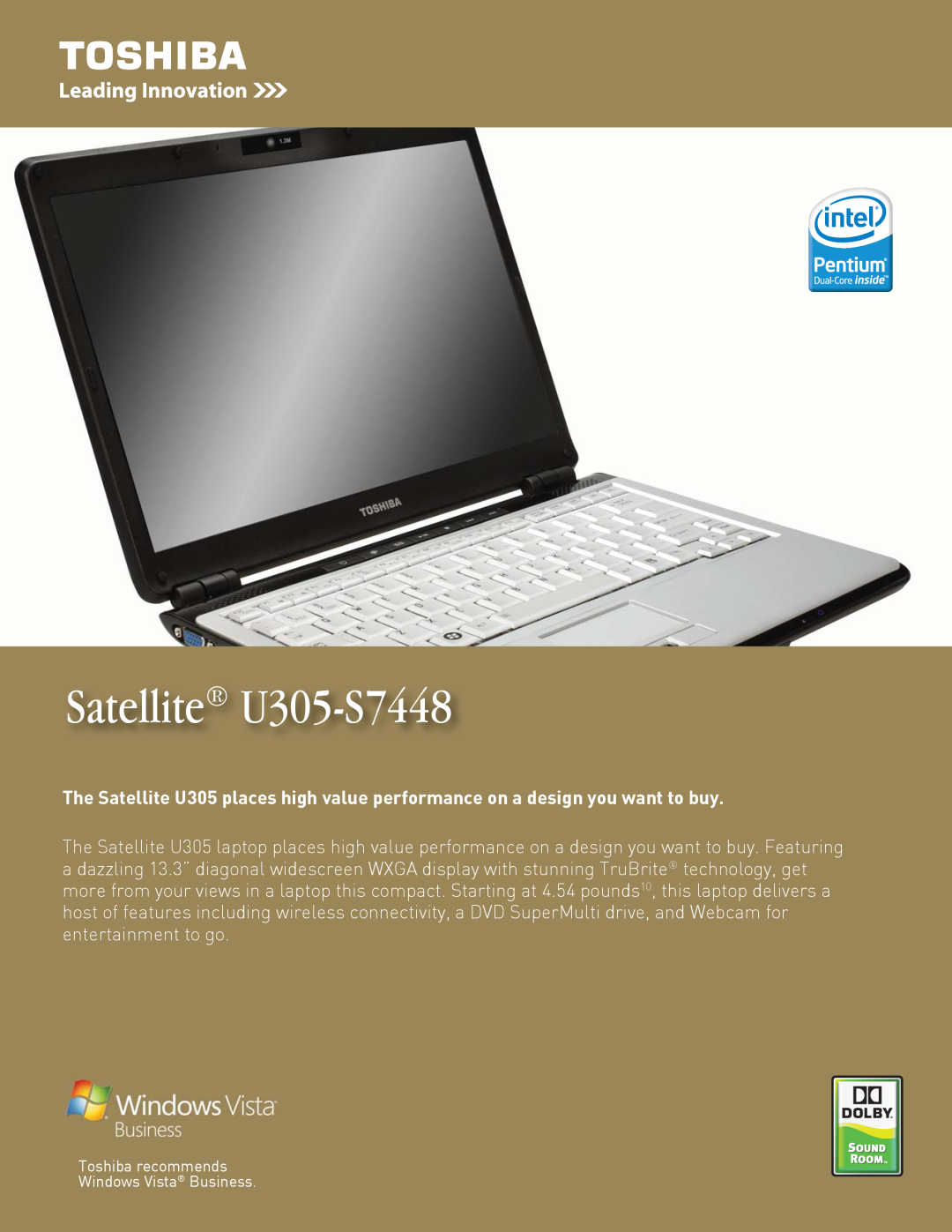 Toshiba manual Satellite U305-S7448, Toshiba recommends Windows Vista Business 