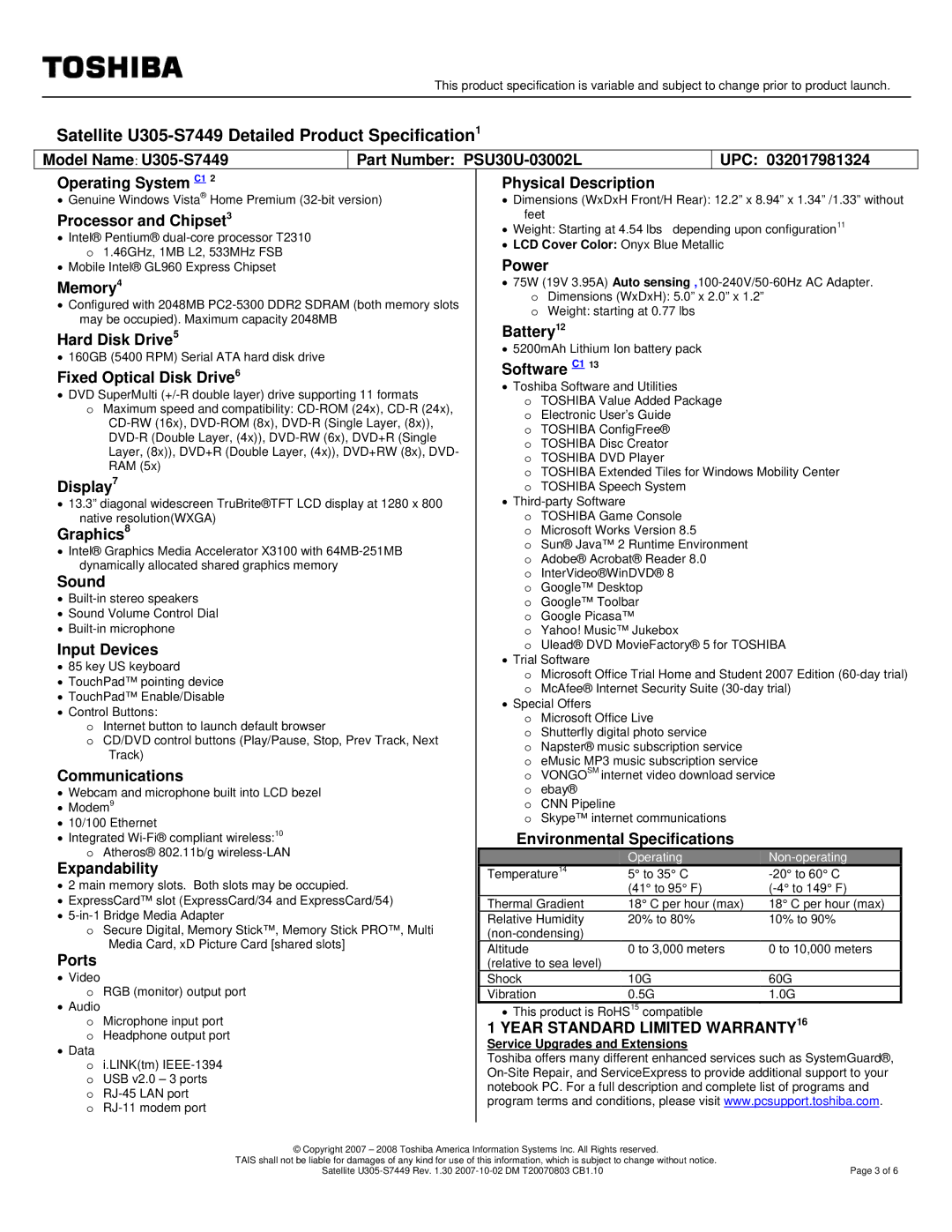 Toshiba U305-S7449 specifications Processor and Chipset, Power, Memory4, Hard Disk Drive5 Battery12, Display7, Graphics8 