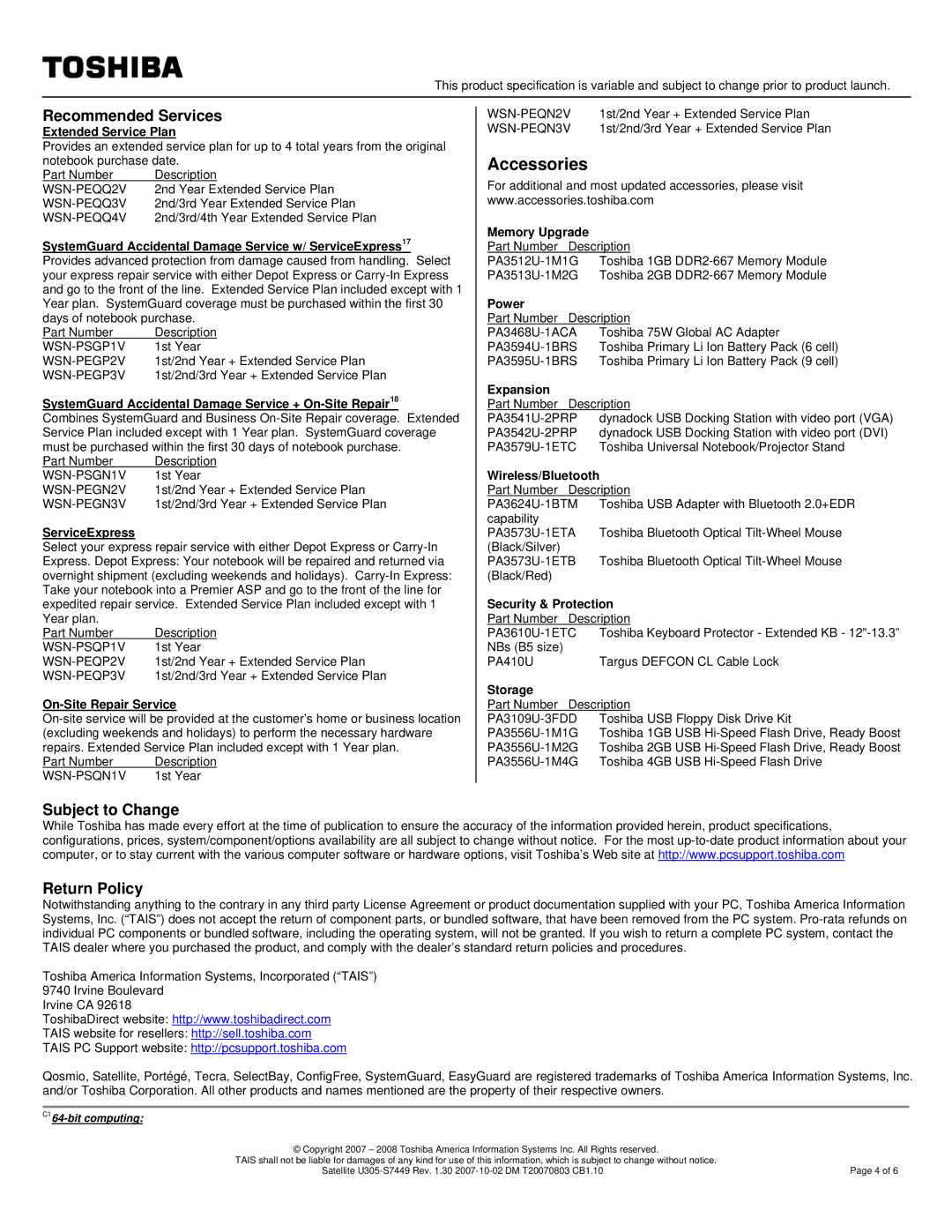 Toshiba U305-S7449 specifications Recommended Services, Subject to Change Return Policy 