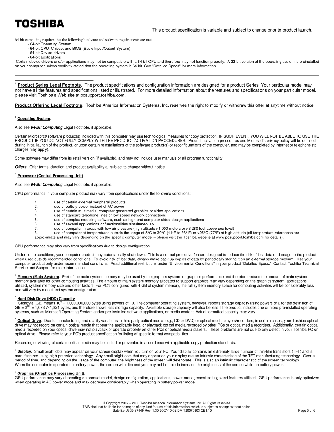 Toshiba U305-S7449 specifications Operating System 