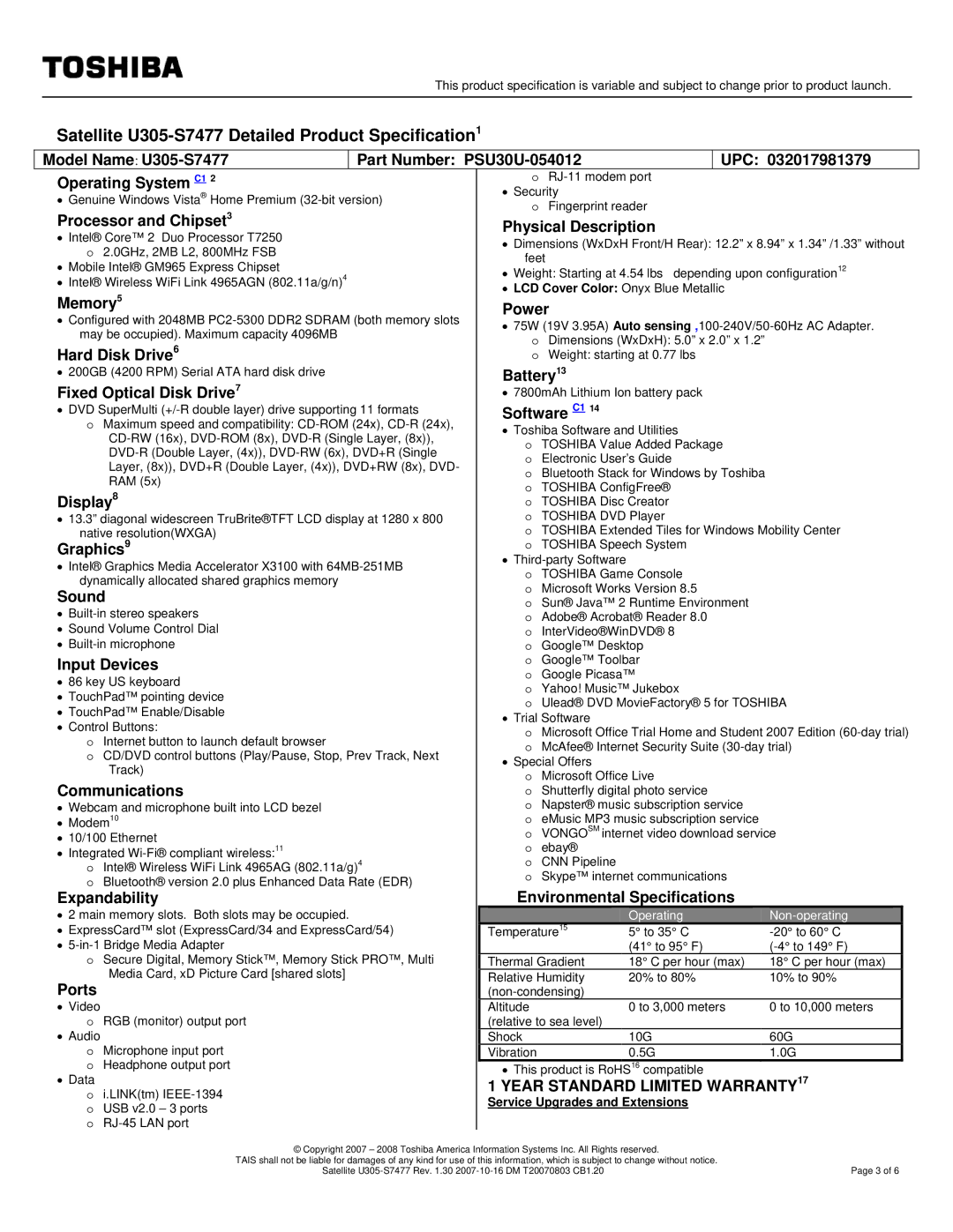 Toshiba U305-S7477 specifications Processor and Chipset3, Physical Description, Memory5 Power, Hard Disk Drive6, Display8 