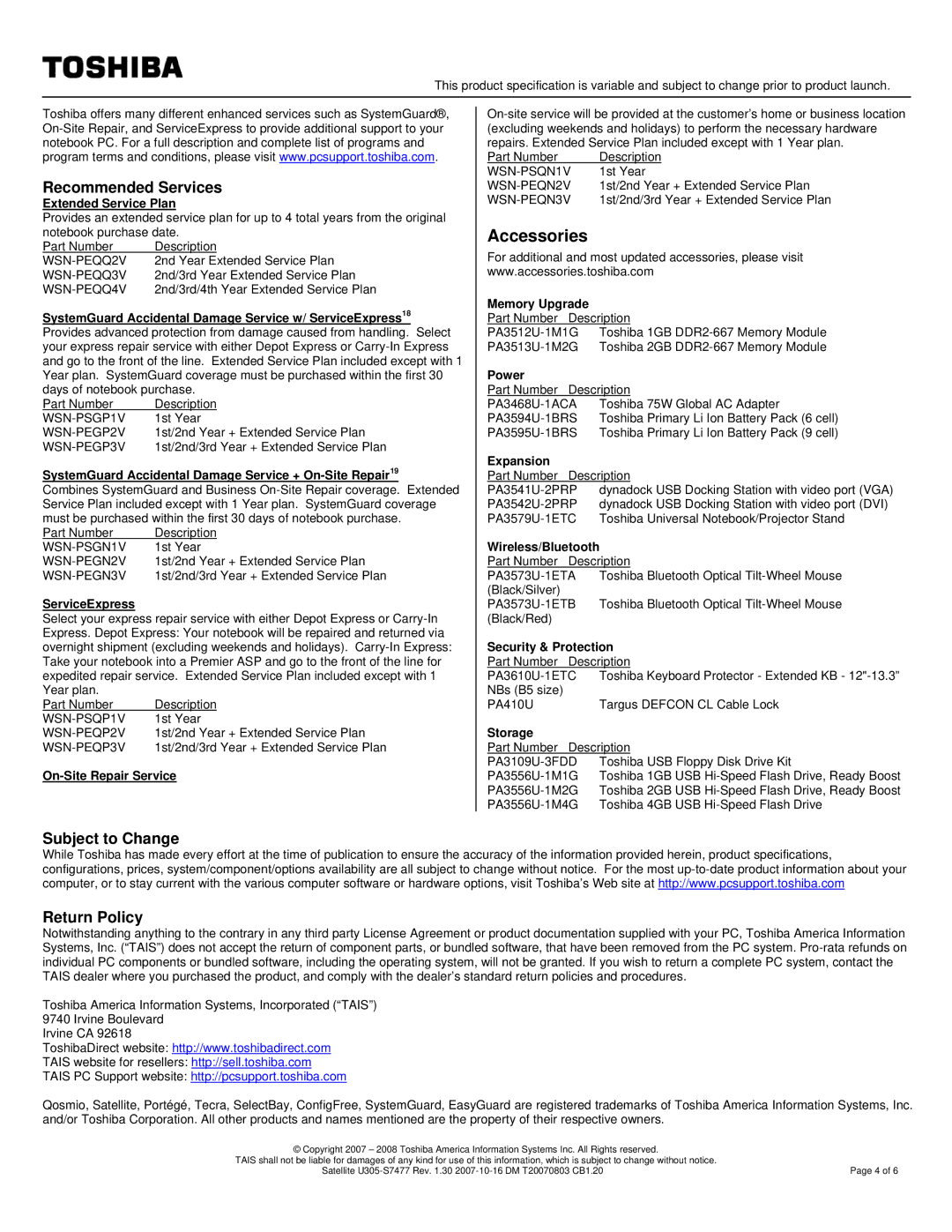 Toshiba U305-S7477 specifications Recommended Services, Subject to Change Return Policy 