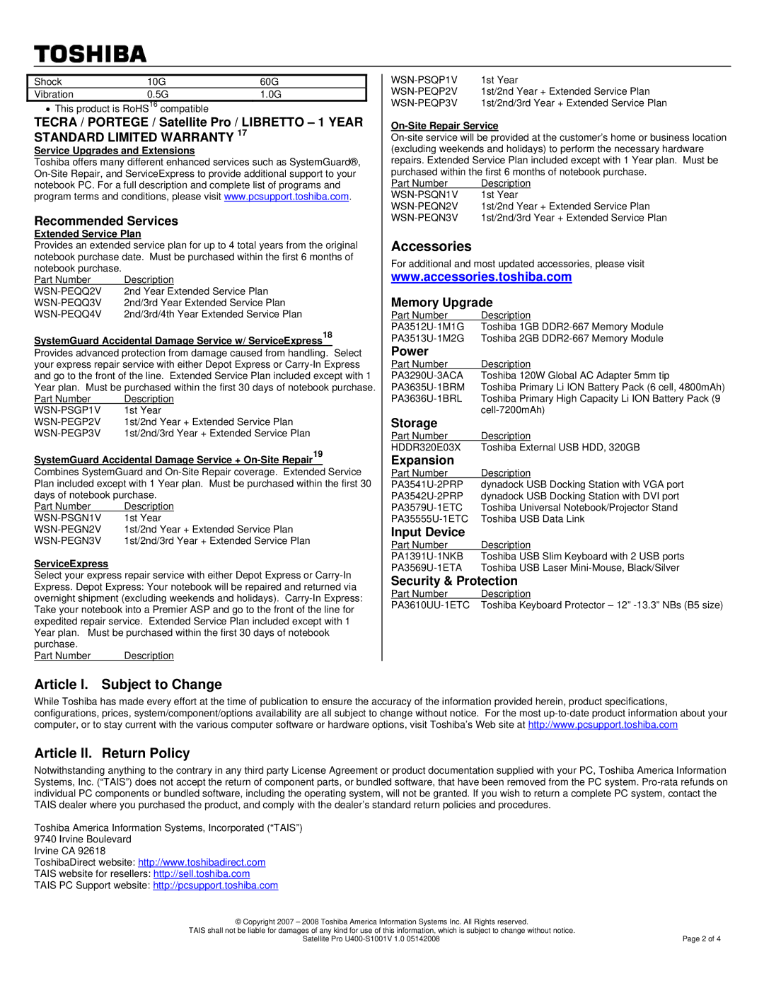 Toshiba U400-S1001V specifications Accessories, Article I. Subject to Change Article II. Return Policy 