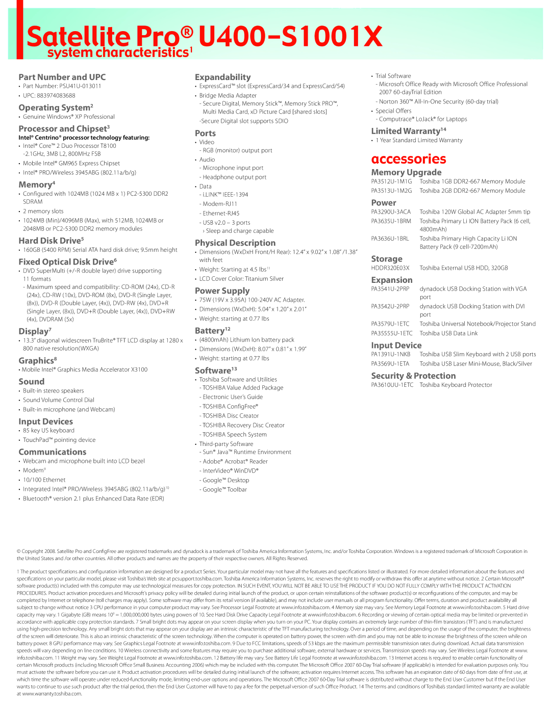 Toshiba U400-S1001X Part Number and UPC, Operating System2, Processor and Chipset3, Memory4, Hard Disk Drive5, Display7 