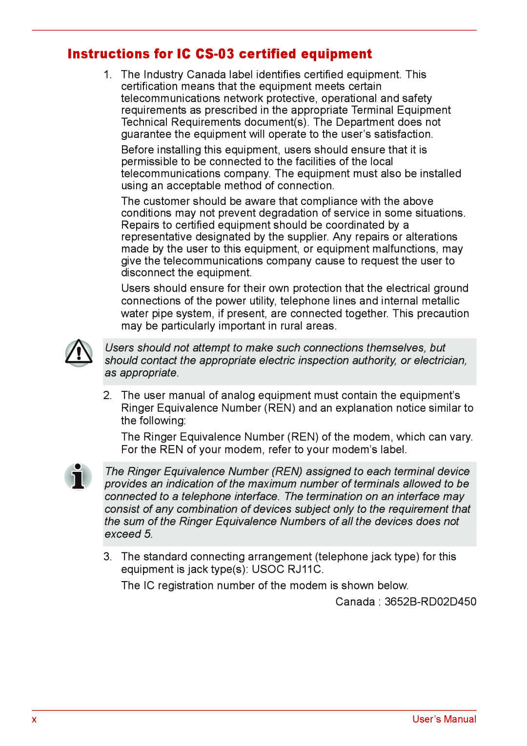 Toshiba U400 user manual Instructions for IC CS-03 certified equipment 