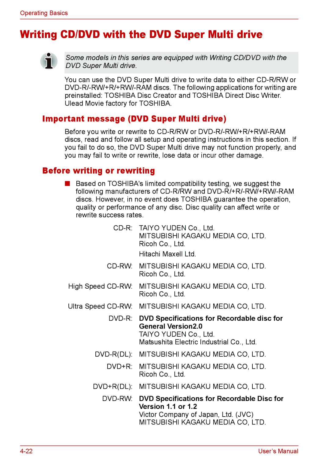 Toshiba U400 user manual Writing CD/DVD with the DVD Super Multi drive, Important message DVD Super Multi drive 