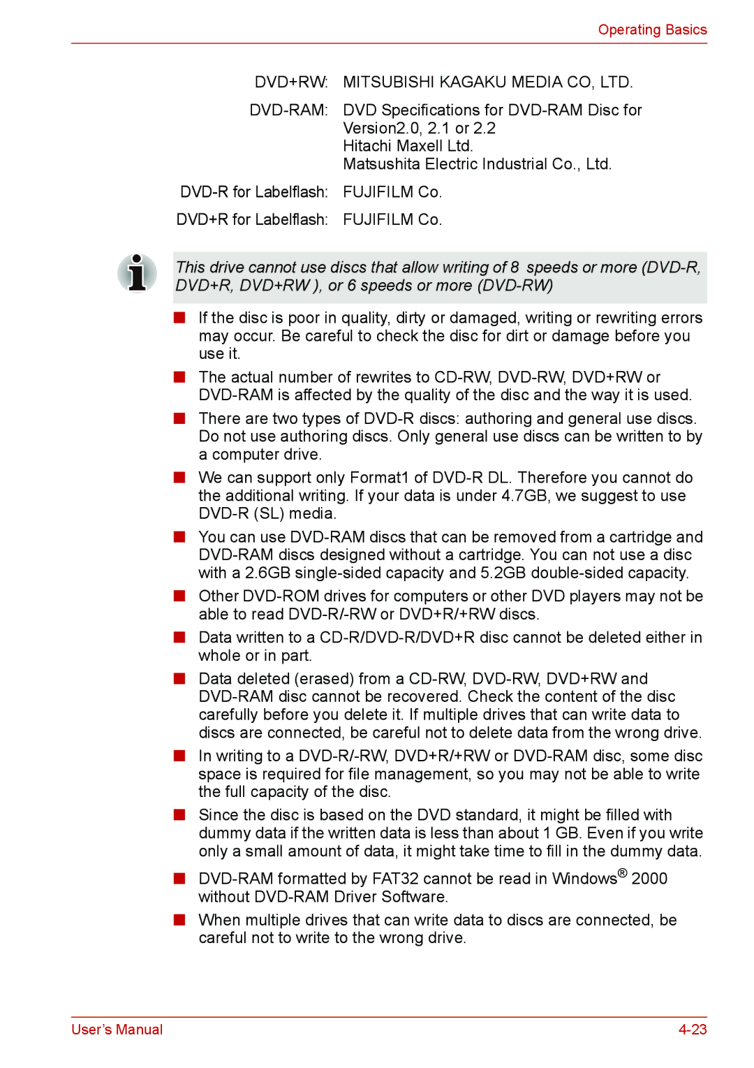 Toshiba U400 user manual Operating Basics 