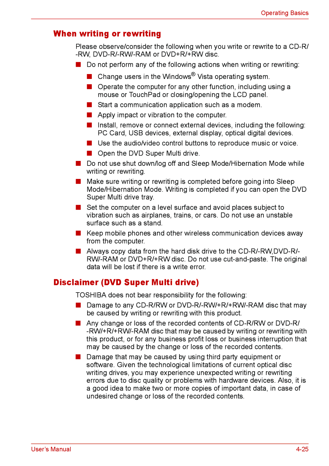 Toshiba U400 user manual When writing or rewriting, Disclaimer DVD Super Multi drive 