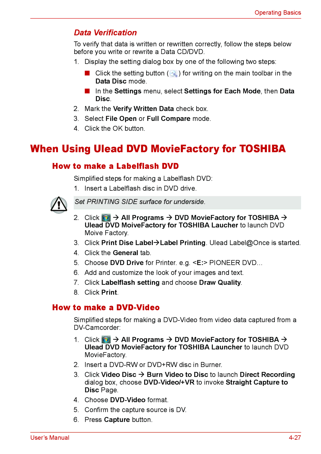 Toshiba U400 When Using Ulead DVD MovieFactory for Toshiba, How to make a Labelflash DVD, How to make a DVD-Video 