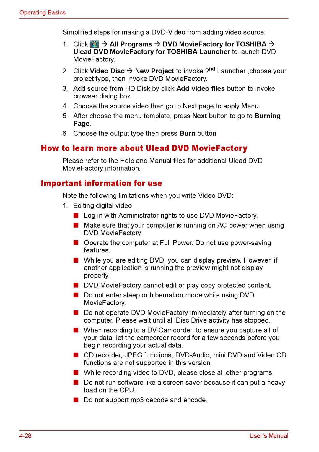 Toshiba U400 user manual How to learn more about Ulead DVD MovieFactory, Important information for use 