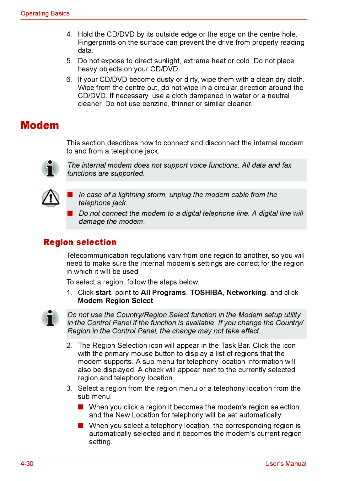 Toshiba U400 user manual Modem, Region selection 